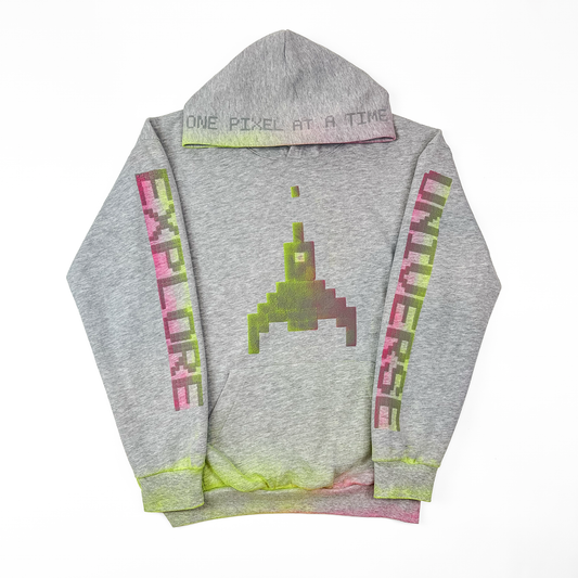 Pixelated Fighter Unisex Hoodie: Legendary Cosmic Arcade Design. Men Women